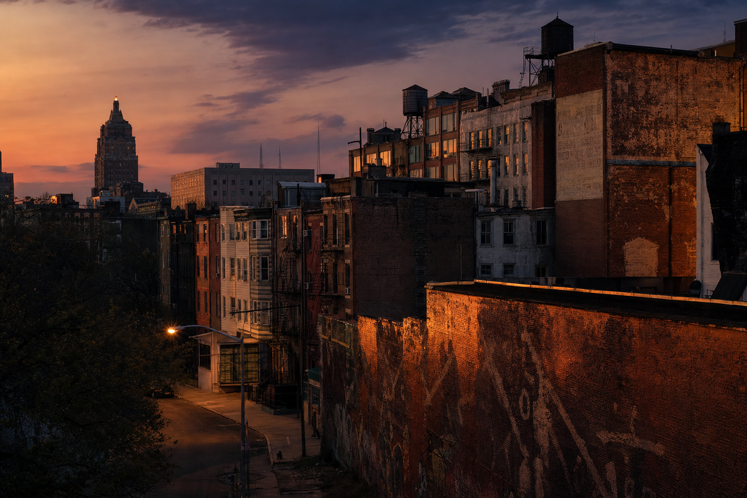 Newark, New Jersey at dusk — brick rooftops, water towers, and a long graffiti-marked wall catching the last sunlight