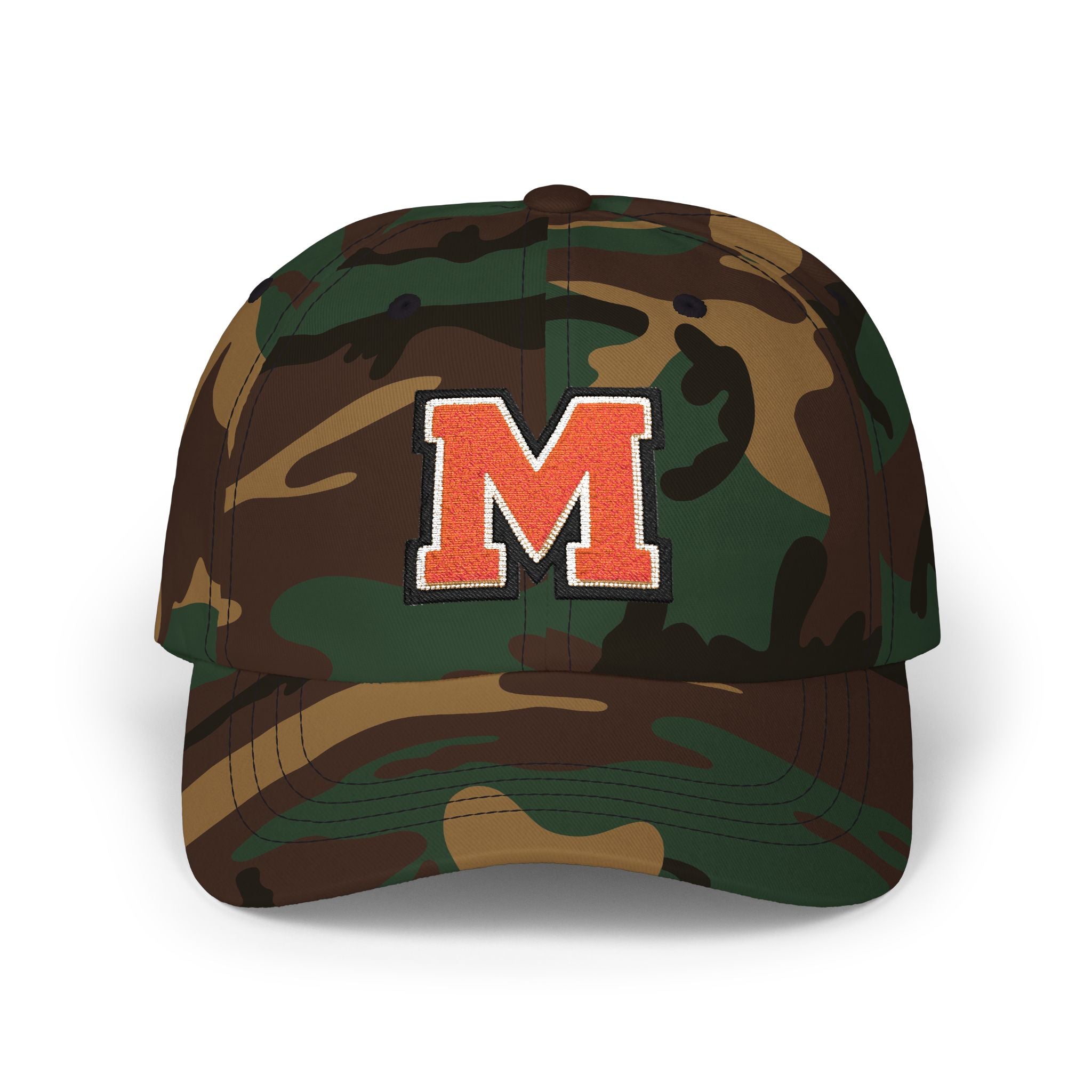 Embroidered 'M' Classic Dad Cap — White Vintage Letterman Baseball Hat