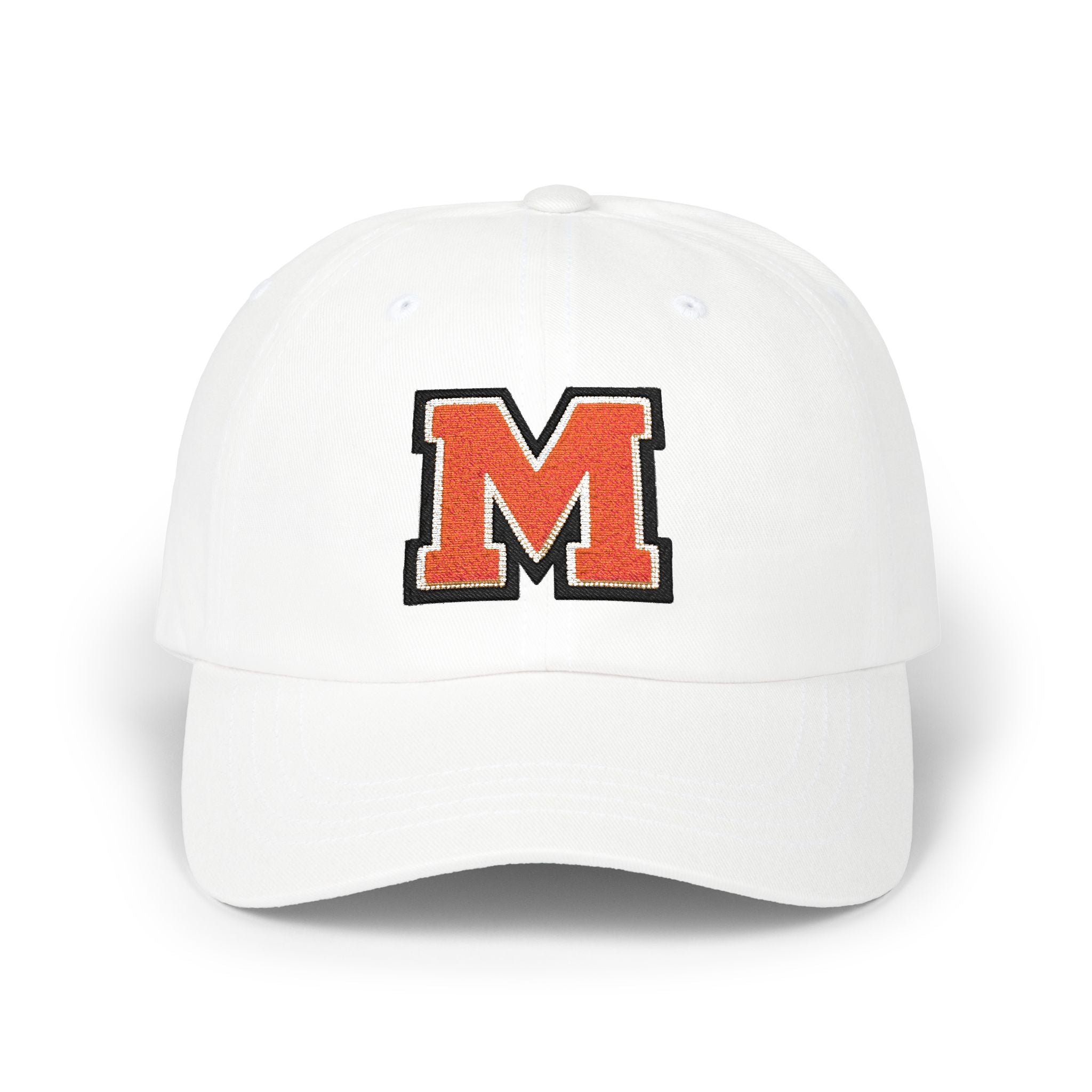 Embroidered 'M' Classic Dad Cap — White Vintage Letterman Baseball Hat